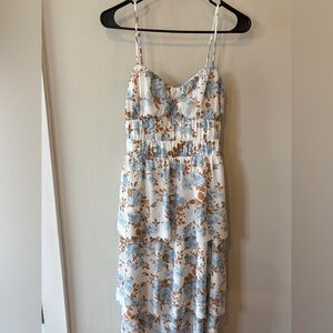 WAYF Floral Midi Dress Blue Brown Smocked Back Spaghetti Strap Size M